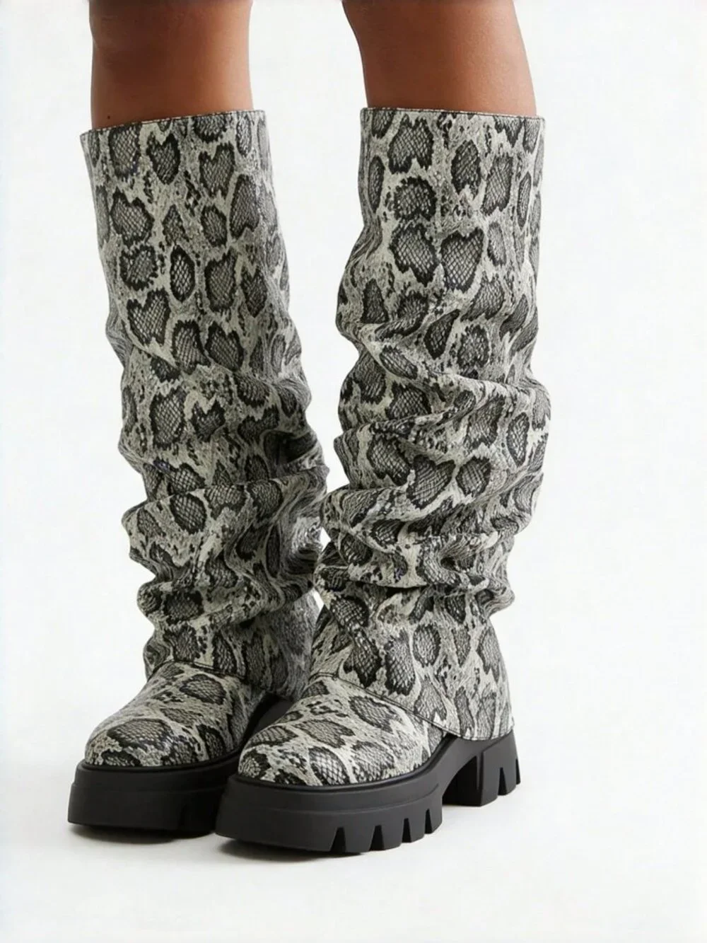 Snakeskin Women's Platform Slouchy Knee High Slip-On Boots
